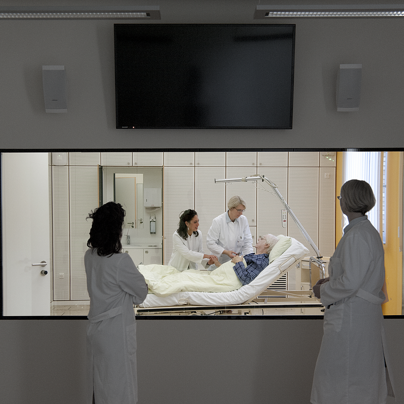 Durch 6 Kleingruppenräume, welche über riesige Spiegel zu 3 Doppelräumen verbunden sind, ist es möglich, realistische Szenarien des klinischen Alltags darzustellen. Die Räume ermöglichen zudem das Begleiten und Beobachten der einzelnen Szenarien außerhalb des Simulationsraumes.