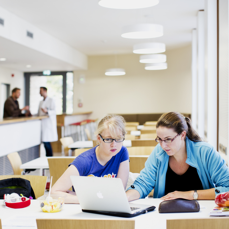 Das Lerncafe im Erdgeschoss dient dem Austausch der Studierenden untereinander.

Die rund 40 Plätze laden zur Gruppenarbeit ein